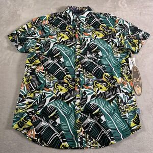 Huntington Beach Club Shirt Mens Medium Hawaiian Print Green Yellow Tropical NEW